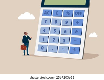 Smart entrepreneur thinking with big calculator. Concept of financial management, optimization, duty, financial accounting. Think big, aspiration to win and success in business, overcome fear. 