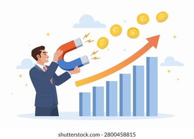 Smart entrepreneur using a large magnet attracting coins. Concept of startup business growth, customer acquisition, inbound marketing, financial funding, and corporate success.