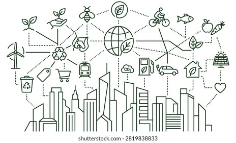 Smart environmental city network concept with interconnected icons representing sustainable living, renewable energy, and ecological balance.