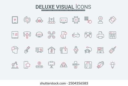 Smart equipment with using AI line icons set. Electronic devices thin black and red outline symbols collection, computer and laptop, phone and tablet, robot vacuum cleaner vector illustration