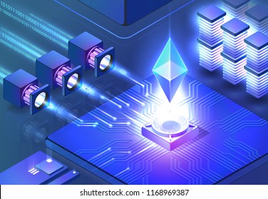 Smart Ethereum Mining. Cryptocurrency and Blockchain Concept. Data Transmission and Processing, Digital Technologies, Data Center. Blockchain Network Business. Vector Isometric Illustration.