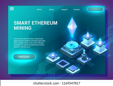 Smart Ethereum Mining. Cryptocurrency and Blockchain Concept. Data Transmission and Processing, Digital Technologies. Blockchain Network Business. Landing Page Banner. Vector Isometric Illustration.