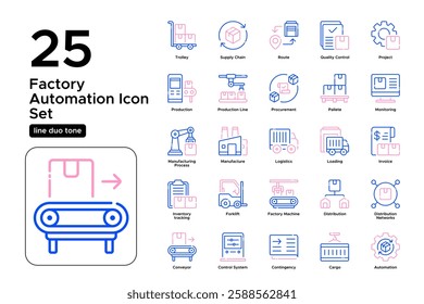 Smart Factories and Digital Manufacturing. Automation, Robotics, and Industry 4.0. Vector Illustration. Oultine duo tone icon set