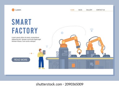 Smart factory advanced technology website or landing page template, flat vector illustration. Smart industry 4.0 automated production lines webpage mockup.