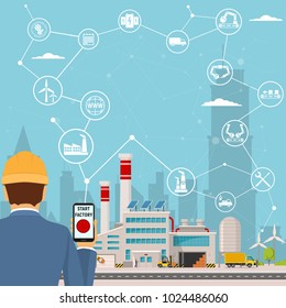 smart factory and around it icons Engineer starting a smart plant. Smart factory or industrial internet of things. vector illustration