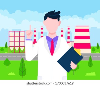 Smart factory with artificial intelligence AI smart industry 4.0 business concept flat style vector illustration. Engineer monitoring processes with remote control. Progressive manufacturing concept.