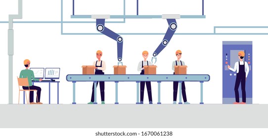 Smart factory with automated cardboard box packaging conveyor belt with workers and robot arms. Futuristic technology for manufacturing industry - flat vector illustration