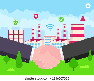 Smart factory building flat style vector illustration. Businessmen handshaking agreement and starts and manage huge plant with application. Green grass and cloudy sky behind scene.