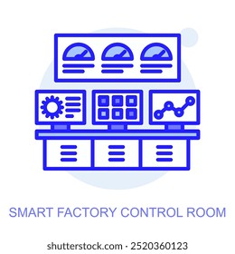 Ícone de conceito da Sala de Controle Smart Fatory. Fábrica inteligente. Tecnologias modernas. Indústria 4.0. Produção automatizada. Ilustração linear de vetor.