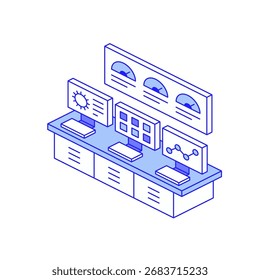 Icono isométrico inteligente de la sala de control de fábrica para monitoreo centralizado y gestión industrial inteligente Visualización centralizada de datos, supervisión operativa y toma de decisiones en tiempo real