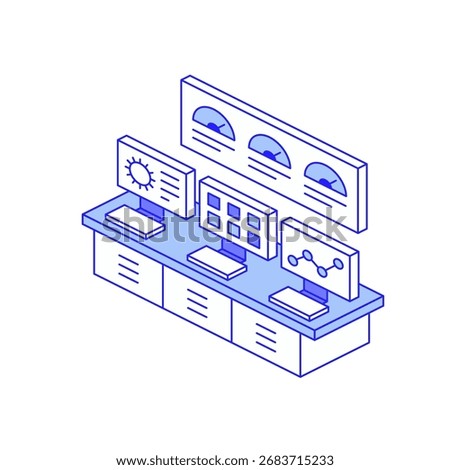 Smart factory control room isometric icon for centralized monitoring and intelligent industrial management Centralized data visualization, operational oversight and real-time decision-making
