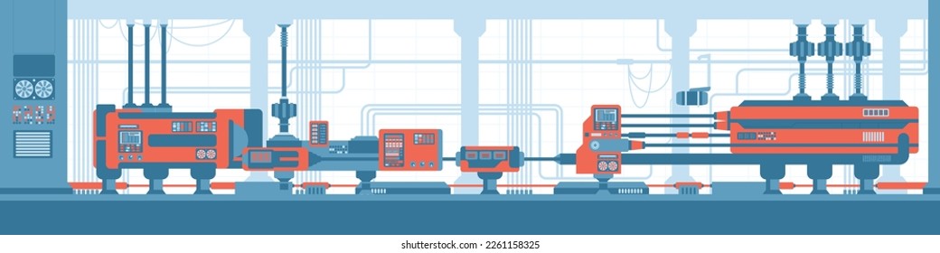 Fábrica inteligente con correa transportadora controlada por robots de IA. Máquinas industriales, equipos, trabajo de alta tecnología en producción, proceso de fabricación en línea de montaje automatizado. Ilustración vectorial plana