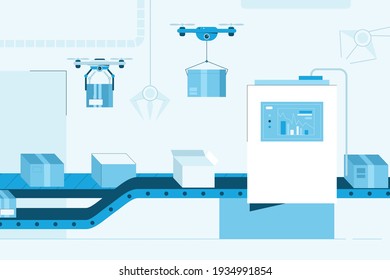 Smart factory with conveyor interior design. Automatic production line of cardboard boxes. Screen with data, quadcopters delivery parcels. Robotic modern technology concept. Vector illustration