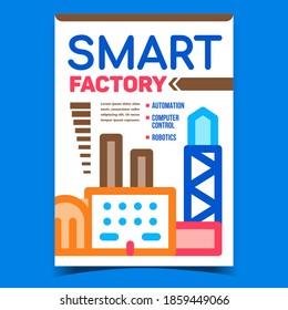 Vector de afiches de promoción creativa de fábrica inteligente. Automatización De Fábrica, Control De Computadoras Y Banner De Publicidad De Tecnología Robótica. Ilustración de color de estilo de plantilla de concepto de construcción industrial