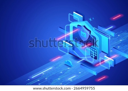 Smart factory cybersecurity system Secure data transmission, encrypted cloud access and real-time protection from digital threats in industrial IoT and automated environments. Vector isometric