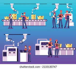 Ingenieros de fábricas inteligentes e instalaciones transportadoras robóticas montadas, ilustración de vector plana de dibujos animados aislados en el fondo azul. Fábrica inteligente o 4.0. infografías de la industria.