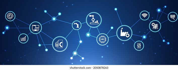 Smart factory and enterprise IoT icon concept: digitalization, automation, big data, innovative production - vector illustration
