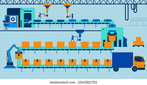 Smart factory flat illustration. Automated robotic systems. Logistics distribution warehouse industrial robots 2D interior cartoon background. Mechanized production and assembly scene vector image