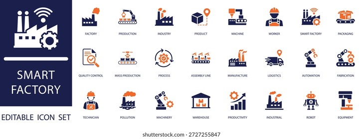 Smart Factory-Symbolsatz. Industrie 4.0, Fabrik, Logistik, Arbeiter und intelligente Branchenkonzepte.