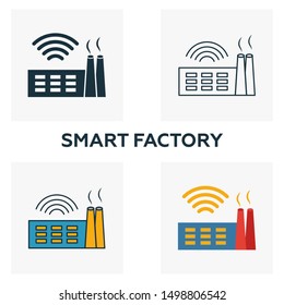 Smart Factory icon set. Four elements in diferent styles from industry 4.0 icons collection. Creative smart factory icons filled, outline, colored and flat symbols.