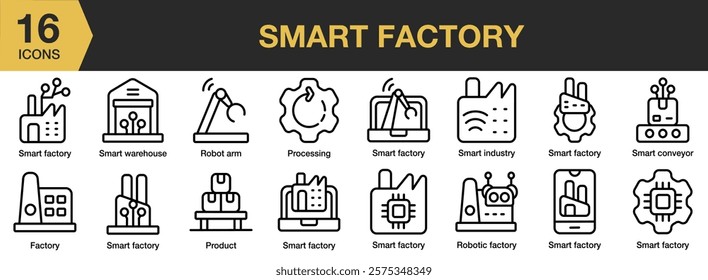 Smart Factory icon set. Includes Automation, Factory, Industrial, Manufacturing, Robot, Smart, Technology, and More. Outline icons vector collection.