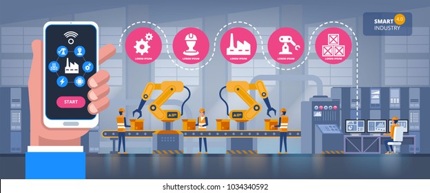 Smart factory. Industry 4.0 monitoring app on a smartphone and smart automated production line with workers and robots on the background Vector illustration