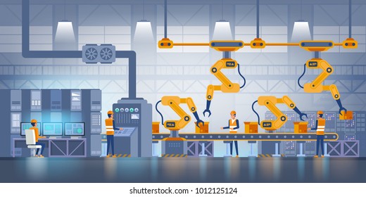 Smart factory. Industry 4.0 and technology concept. Production conveyor belt with factory operational people in uniform. Vector illustration