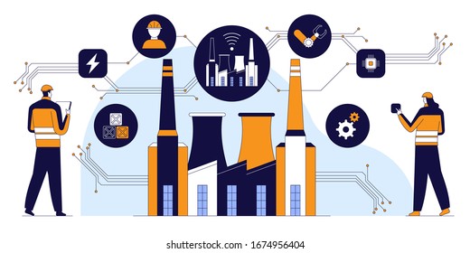 Smart factory. Industry 4.0 and technology concept. Factory operational people in uniform. Infographic icons automation and data exchange in manufacturing technologies. Vector illustration