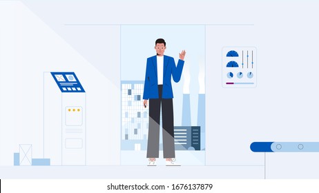 Smart factory interior with man in suit, businessman or manager waving hello. Meeting, welcome concept. 