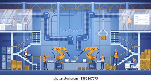 Smart factory interior with robotic arms, workers, engeneers and manager. Smart industry 4.0. High detailed vector illustration