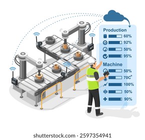 Smart Factory IoT Monitoring System with Engineer Checking Production and Machine Status  Isometric Isolated