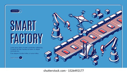 Smart factory isometric web banner. Smart robots hands work on assemble line, drones take production from conveyor belt for delivery. Automation process 3d vector illustration, line art landing page