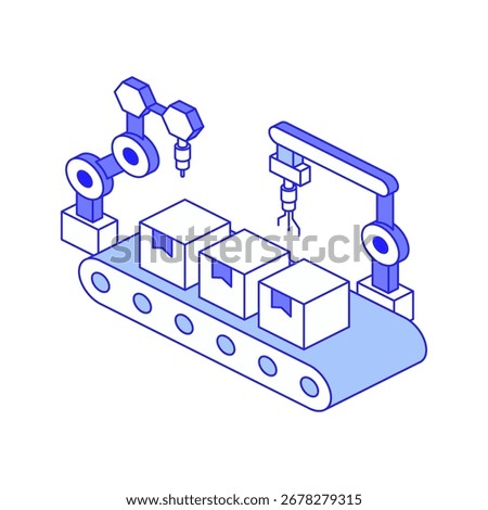 Smart factory isometry icon for robotic assembly and intelligent production systems Robotic coordination, conveyor-based workflows, and precision-driven assembly for optimized factory operations