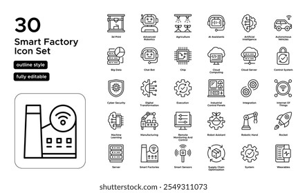 Smart Fatory Line Icon Set: Máquinas Conectadas, Dados em Tempo Real e Ícones de Sistemas de Produção Eficientes