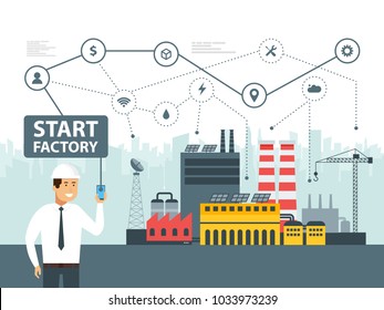 Smart factory and network icons. Engineer starting a smart plant. Smartphone online control big data. Vector illustration.