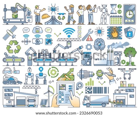 Smart factory and new generation for manufacturing outline collection set. Elements with modern conveyor, IOT devices automation and 5G connectivity for efficient mechanic line vector illustration.