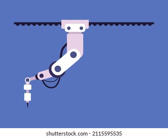 Brazo robótico de fábrica inteligente o mano mecánica, ilustración vectorial de caricatura plana aislada en fondo azul. Manipulador industrial de sistemas ciberfísicos robots.