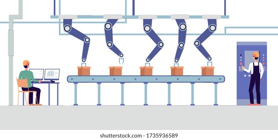 Smart factory robotic automatic conveyor system banner with technological industrial line equipment and engineers cartoon characters, flat vector illustration.