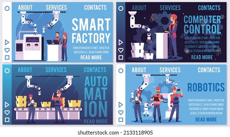 Smart factory and robotic work concept - landing page template set, flat vector illustration. Robot helps human coworkers on the factory conveyor. Web banners with futuristic artificial intelligence.