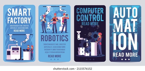 Smart factory robotics and automation banners or posters set with cartoon characters of engineers using robotic facilities and devices, cartoon flat vector illustration.