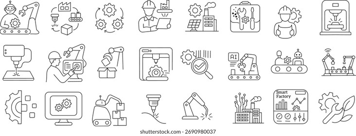 Fábrica inteligente y Robótica Stroke Icon Set. Con IA, herramientas de ingeniería, línea de producción y equipos de Industrial. Paquete de Vector de esquema.