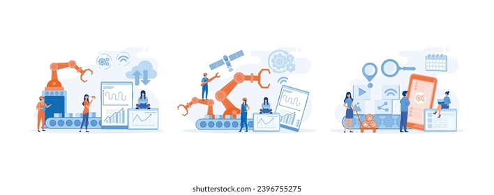 Smart Factory. User connecting with a tablet, loading a smart phone and sharing media data with a system. Smart industry set  flat vector modern illustration svg