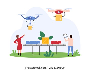 Smart factory warehouse, autonomous robot transportation and logistics, goods distribution. Tiny people work with packages on automatic conveyor belt, drones carry boxes cartoon vector illustration