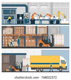 Smart factory, warehouse, freight transportation and professional workers, banner set