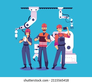 Smart factory workers monitoring work of robotic system. Industry 4.0 automation line with engineers, flat vector illustration isolated on blue background.