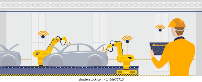 Smart factory with workers, robots and assembly line automotive, industry technology concept. Production technology concept illustration.