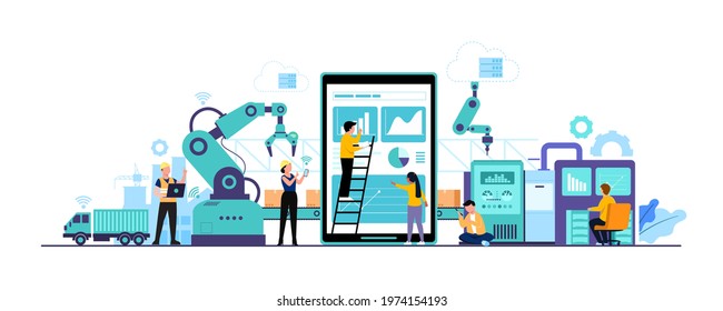 Smart Factory and working person using wireless technology to control. For workflow With clever device. infographic of industry 4.0 concept. Vector illustration 