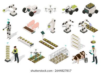 Conjunto isométrico 3d de farm inteligente. Coleção elementos planos isolados da manipulação do braço robótico, máquinas de jardinagem, drone, colheita, robô ai, rega, estufa vertical, mais. Ilustração vetorial.