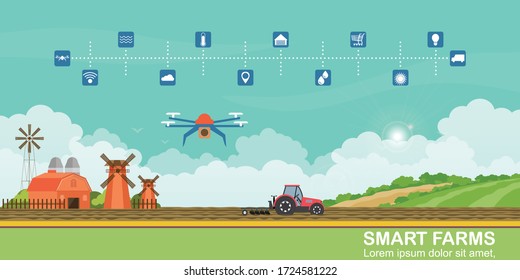 Smart farm and agricultural drones for control agricultural production, processing and logistic center for growing vegetables, vector illustration.