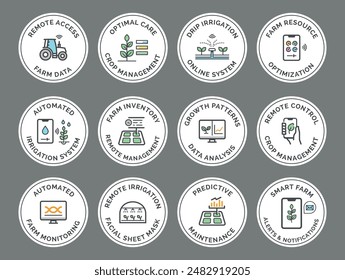 Smart farm agriculture agronomy control round line stickers design template vector flat illustration. Remote access drip irrigation automated data analysis crop management monitoring circle badge